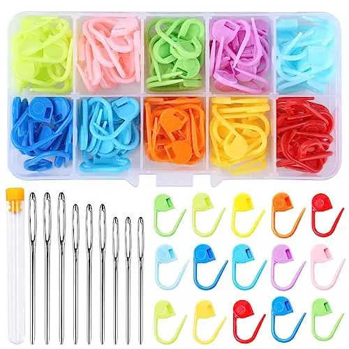 Produktbild: Doxiru 120 Stück Häkel-Maschenmarkierer, 10 Farben, Strickmarker, Häkelklammern, 9 Stück Nähnadeln mit großem Öhr, mit Aufbewahrungsbox für DIY Häkel-Bastelprojekte