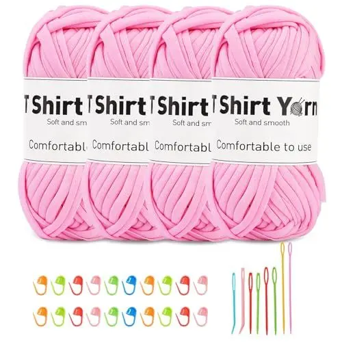 Produktbild: Doxiru 4er-Pack 100 g T-Shirt-Garn-Set, Garn zum Stricken, Stoff, Strickgarn, Baumwollgarn, weiches großes Garn, Häkelgarn-Set zum Stricken, Häkelgarn, Webzubehör (rosa Farbe)
