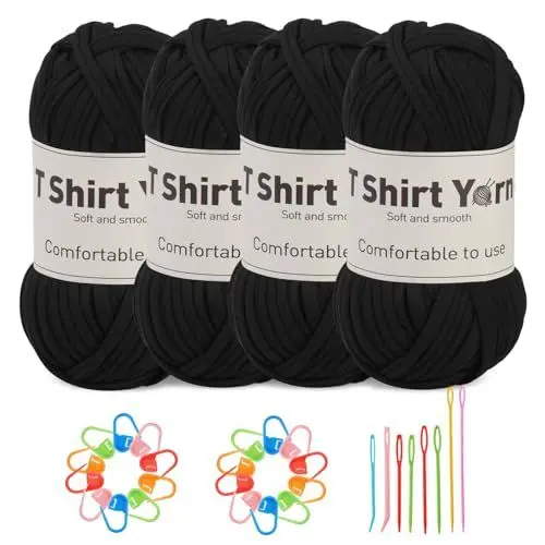 Produktbild: Doxiru 4er-Pack 100 g T-Shirt-Garn-Set, Garn zum Stricken, Stoff, Strickgarn, Baumwollgarn, weiches großes Garn, Häkelgarn-Set zum Stricken, Häkelgarn, Webzubehör (schwarze Farbe)