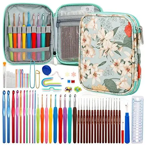 Produktbild: Doxiru Häkelnadel-Set, ergonomische weiche Gummi-Häkelnadeln mit Komfortgriff zum Stricken für Anfänger, Erwachsene, farbenfrohe Häkelsets, Zubehör-Sets und verschiedene Arten von Nadeln
