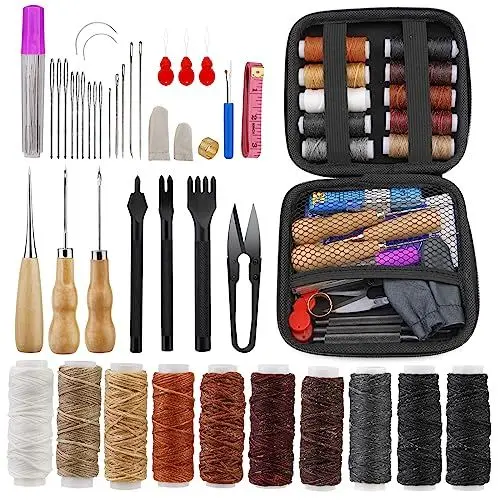 Produktbild: Doxiru Leder-Nähset, Leder-Nähwerkzeug-Sets, Nähahle, Nahttrenner, Leder-Handnähnadeln, Nähgarn, Lederhandwerk-Werkzeugset für Anfänger und Profis, DIY-Lederhandwerk