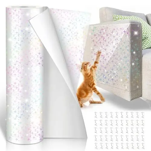 Produktbild: DOZNOZRI Kratzschutz Sofa Katze Tape Selbstklebend 30x5m Gypsophila Katzen Kratzschutz Bett Sofa Transparent mit 50 Nägel Katzen Kratzschutz Folien Anti Kratz Folie für Katzen Couch Tapete Bett Türe
