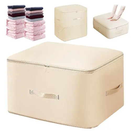 Produktbild: DOZNOZRI Ultra Platzsparender Selbstkomprimierender Organizer XL Gross Aufbewahrungstasche Bettdecke mit Reißverschluss für Bettdecken, Kleidung, Decken (Beige, XL)