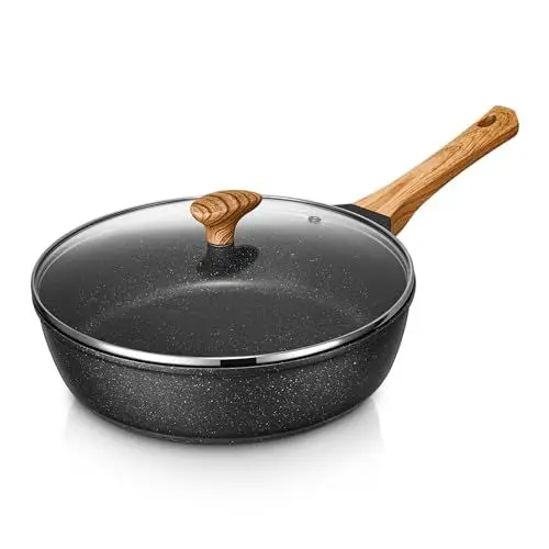 Produktbild: D.Perlla Bratpfanne mit Glasdeckel Ø28 cm, Höhe 8 cm, Antihaft Pfanne für alle Herdarten, Induktions Kompatibel, Granitbeschichtung Hochrandpfanne, PFOA-frei, Aluguss Kochpfanne, Kratzfest
