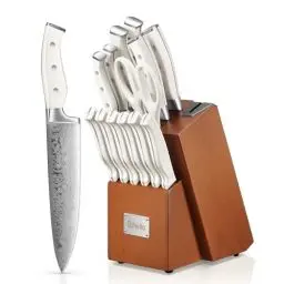 Produktbild: D.Perlla Messerblock, 14-TLG Selbstschärfender Messerblock mit Messer, Scharf Edelstahl Messerset Set mit Kunststoff-Griff und Holzblock, Profi Küchenmesserset, Weiß