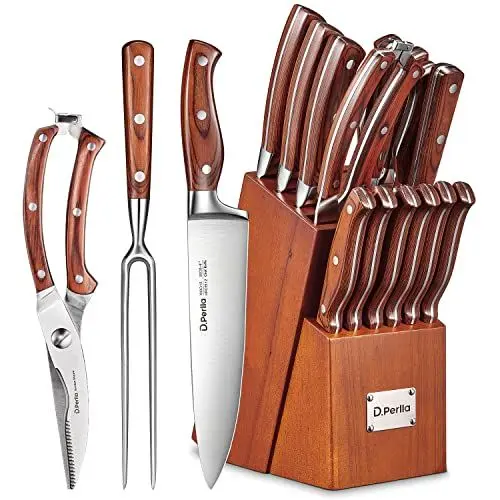 Produktbild: D.Perlla Messerblock Set, 16-TLG Messer mit Holzgriff, Edelstahl Kochmesser Set mit Holzblock Profi Küchenmesserset mit Wetzstahl,Braun, Geschenke zum Muttertag