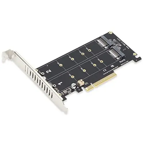 Produktbild: Dpofirs Adapterkarte mit 2 X 32 Gbit/s Erweiterungskarten, Dual M.2 NVMe SSD zu PCIE X8 M Key Festplattenkonverter Leser Erweiterungskarte, Unterstützt Full Speed ​​NVME SSD/M.2 PCIE(ph45)