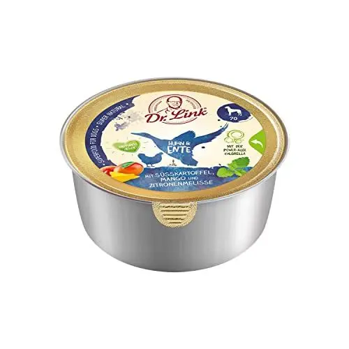 Produktbild: Dr. Link® SUPER Natural 10x125g Premium-Nassfutter für Hunde: Huhn und Ente mit Süßkartoffel, Mango und Zitronenmelisse | getreidefrei | Superfoods