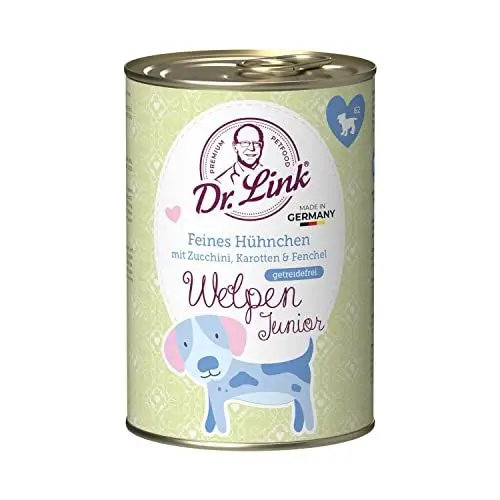 Produktbild: Dr. Link® WELPEN JUNIOR 6x400g Premium-Alleinfuttermittel für Welpen und Junghunde ab dem 2. Lebensmonat: Feines Hühnchen mit Zucchini, Karotten und Fenchel