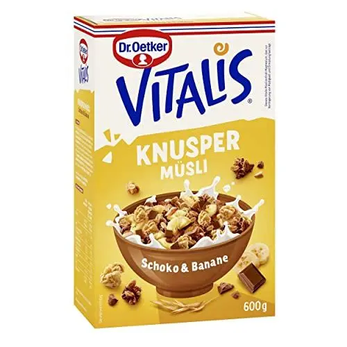 Produktbild: Dr. Oetker Vitalis Knuspermüsli Schoko-Banane, 600 g Knuspermüsli mit Vollmilchschokolade und Banane