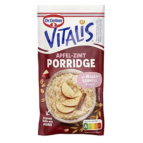 Produktbild: Dr. Oetker Vitalis Porridge Apfel-Zimt, 10 x 58 g, Mischung für Haferbrei mit Zimt-Note, schnell & einfach zubereitet, dezente Süße aus Agave, Idee fürs Frühstück