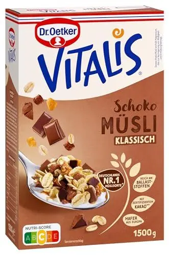 Produktbild: Dr. Oetker Vitalis Schoko Müsli klassisch: Großpackung Frühstücksmüsli mit Vollmilch- und Zartbitter-Schokolade, 4 x 1.125kg