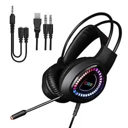 Produktbild: DR1TECH FireScout+ LED Kopfhörer Mit Kabel Und Mikrofon Für PC/PS/Xbox - 40mm Over Ear Kopfhörer Treiber mit Audio Stereo - 3.5mm Klinkenstecker und USB + Adapter Enthalten
