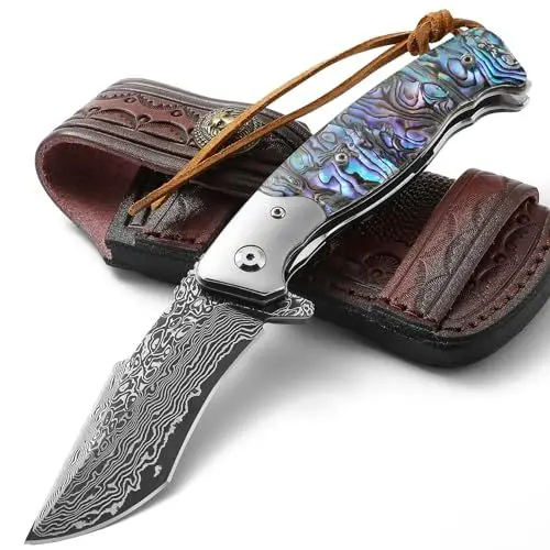 Produktbild: DRACHENADER Damast Taschenmesser Damaststahl Abalone Schale Griff mit echter Lederscheide Damast Messer Klappmesser Einhandmesser Geschenk für Männer, Vollständig CNC gefräst，Blau, groß und schwer