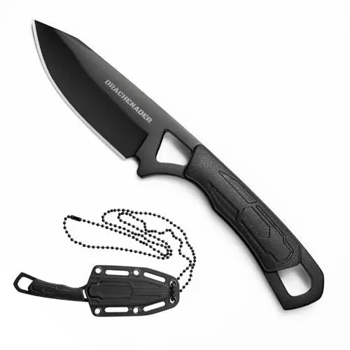 Produktbild: DRACHENADER Neck Knife Messer 42a konform Klein, Zweihandmesser, EDC-Messer, Fulltang, 6,9 cm Klingenlänge mit ABS-Scheide, schwarze Klinge + schwarzer Griff