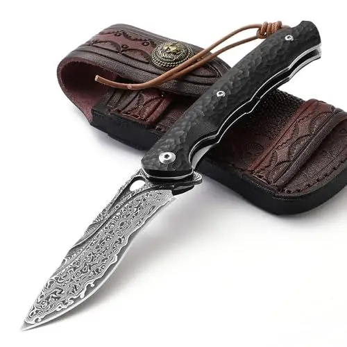Produktbild: DRACHENADER Taschenmesser Damast Elegant mit Ledertasche, schmales Vg10 Einhand Taschenmesser Hochwertig mit Clip und Ebenholz Griff, Schwarz