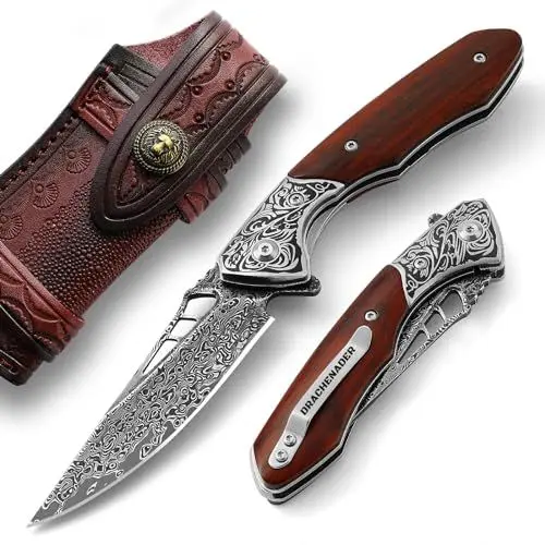 Produktbild: DRACHENADER Taschenmesser Damast Holzgriff Slim mit Gürteltasche Leder und Taschen-Clip, hochwertiges Klappmesser EINHAND besteht aus Damaszener Stahl