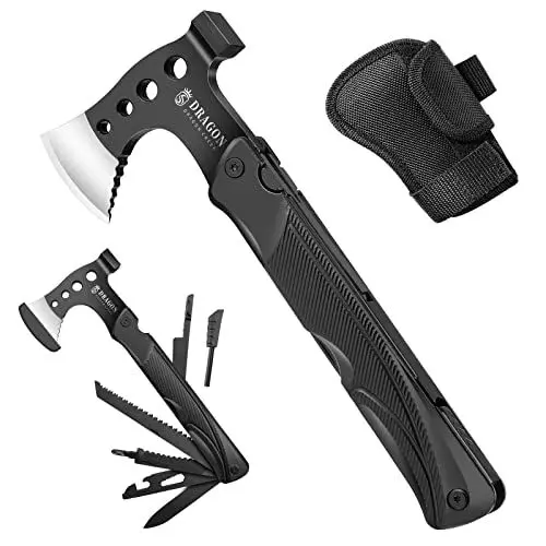 Produktbild: DRAGON CREEK Camping Axt Beil, Outdoor Survival Multitool klein Axt, Aluminium Griff 15 in 1 Multifunktionswerkzeug mit Hammer Säge Messer, mini Werkzeug - Geschenke für Männer