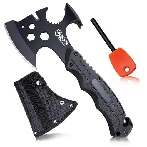 Produktbild: DRAGON RIOT Axt Beil Survival, 8-in-1 Axt Camping Beil Kleine Camping Axt Schwarzes Spaltaxt mit Scheide Scharfes, Outdoor Full Tang Axt Handbeil Survival Axt Geschenk für Männer