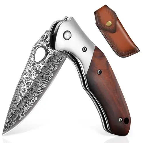 Produktbild: DRAGON RIOT Damast Taschenmesser Klappmesser, VG10 Damaststahl Outdoor Taschenmesser, Damastmesser Jagdmesser mit Holzgriff, Outdoor Messer Survival Damast Messer für Camping, Geschenke für Männer