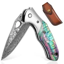 Produktbild: DRAGON RIOT Damast Taschenmesser Klappmesser hochwertig Einhandmesser aus VG10 Edelstahl Outdoor Messer Survival mit Leder Scheide Damastmesser Jagdmesser Klappmesser für Wandern, Geschenke für Männer