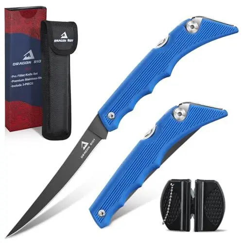 Produktbild: DRAGON RIOT Filetiermesser Fisch Klappbar, Angelmesser Sehr Scharf, Edelstahl Fischmesser mit Anti-Rutsch-Griff, Fischmesser Angeln, Outdoor-Messer für Fisch und Fleisch