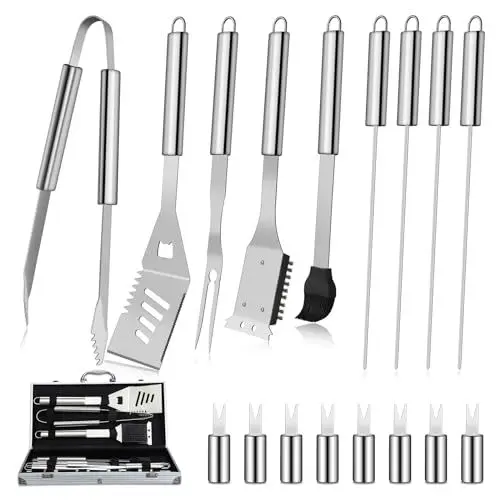 Produktbild: DRAGON RIOT Grillbesteck Set aus Edelstahl, 18 Stücke Grillset für Männer Geschenk, Premium Grillzubehör Set mit Spatel im Alukoffer, BBQ Grillbesteck Koffer Hochwertiger Grill Set für Garten, Camping