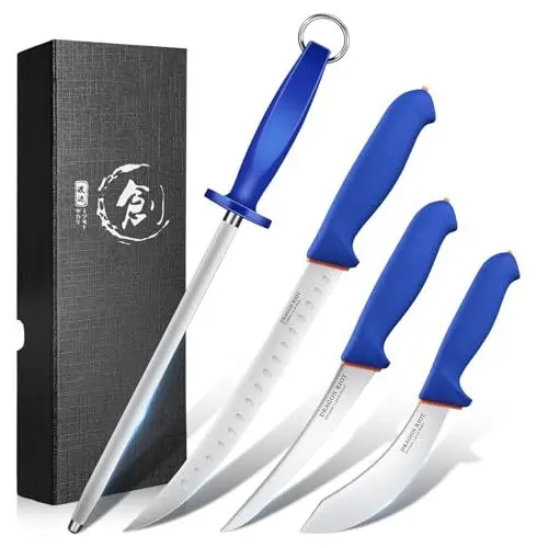 Produktbild: DRAGON RIOT Fleischmesser Set extrem Scharf, Kochmesser Set Enthält ein Ausbeinmesser Profi, ein blaue fleischmesser, ein Metzgermesser und einen Wetzstahl, Messerset für Fleisch und BBQ