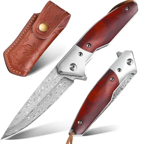 Produktbild: Dragon Creek Damast Klappmesser EDC Taschenmesser mit Damaststahl Klinge Schöne Messerscheide aus Leder - Damastmesser für Outdoor Survival Sammlung Geschenk