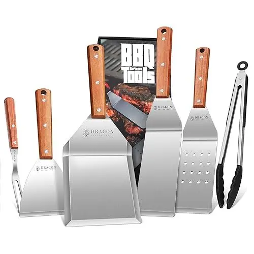 Produktbild: Dragon Creek Grillbesteckset, Edelstahl Grill Zubehör 6 Stücke Top Grillspachtel Set, Profi BBQ Zubehör Grillwender mit Tragetasche, Ideal für Grillen Teppanyaki Grill Geschenke für Männer