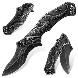 Produktbild: Dragon Creek Klappmesser Outdoor D2 Stahl Taschenmesser Bushcraft Messer mit geprägtem Drachen Outdoor Survival Messer mit Daumenknopf und Flipper Jagdmesser für Wandern Camping