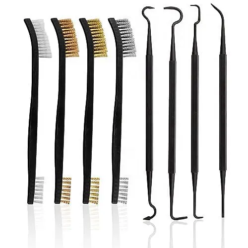 Produktbild: Drahtbürste Klein Set, 8 Stück Drahtbürsten Set Edelstahl Stahlbürste Kleine Messingbürste Metallbürste Stahl Nylon Pinsel mit 4 Doppelende Haken für Reinigung Schmutz und Rost