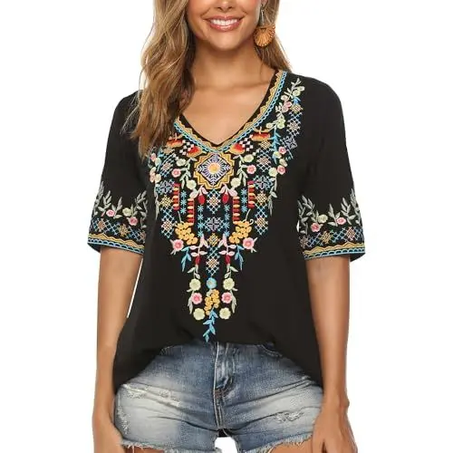 Produktbild: drakloak Damen Stickerei Bluse Bohemian Herbst Tunika Stickerei Folklore Tops V-Ausschnitt Shirt Sommer Tunika Blusen Boho Hippie Kurzarm Lose Oberteil（442 BK 3XL ）