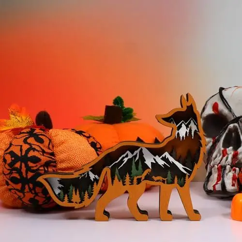 Produktbild: Drawelry 3D Tiere Holzskulptur Ornament Holz Handwerk Schnitzerei Elefant Wolf Waldtiere Statue Dekoration für Wohnzimmer Schlafzimmer Kinderzimmer Tisch Nachttisch Deko (Fuchs, Kein Licht)