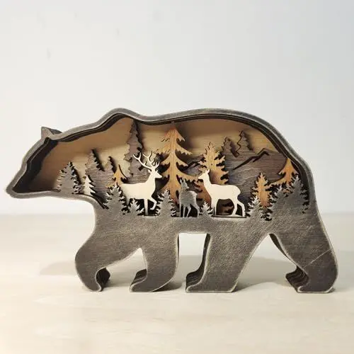 Produktbild: Drawelry 3D Holz Tiere Schnitzerei Skulpturen Ornament, Mehrschichtig Holz Synthese Wald Tier Gravur Regal Statuen Handwerk für Home Büro Desktop Weihnachten Neujahr Festival Dekor (Eisbär)