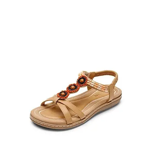 Produktbild: DREAM PAIRS Damen Sommer Sandalen mit Strass Perlen Bohemia Strand Schuhe Freizeit Flach Sandalette T-Riemen Frauen Flache Sandalen SDFS2335W-E NACKT Größe 39 (EUR)