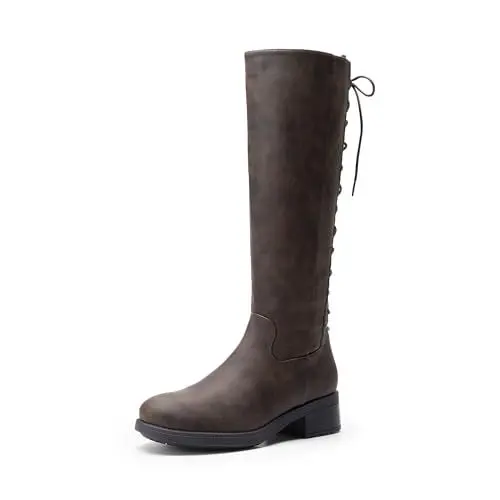 Produktbild: DREAM PAIRS Kniehohe Damenstiefel mit seitlichem Reißverschluss und Schnürung hinten,Size 39,Braun-Nubuck,SDKB2423W