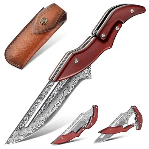 Produktbild: Dream Reach Damast Klappmesser – VG10 Stahl Taschenmesser für Outdoor Camping,Scharfes Survival Outdoor Messer mit Scheide,EDC Messer für Männer mit Geschenkbox.
