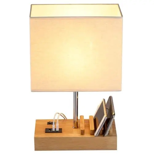 Produktbild: Dreamholder Tischlampe mit 3 USB A+C Anschlüssen, 3 Telefonständer, Moderne USB Nachttischlampe für Schlafzimmer, Wohnzimmer, Büro, Nachttischlampe mit Naturholzsockel & Stoffschirm