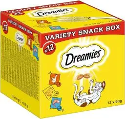 Produktbild: Dreamies Katzensnacks mit Huhn–, Käse– und Lachsgeschmack, 12x60g (1 Variety Snack Box) – Außen knusprige & innen cremige Katzenleckerlis in verschiedenen Geschmacksrichtungen