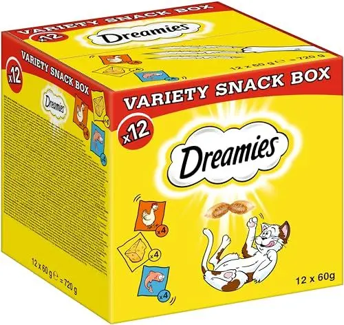 Produktbild: Dreamies Katzensnacks mit Huhn–, Käse– und Lachsgeschmack, 12x60g (1 Variety Snack Box) – Außen knusprige & innen cremige Katzenleckerlis in verschiedenen Geschmacksrichtungen