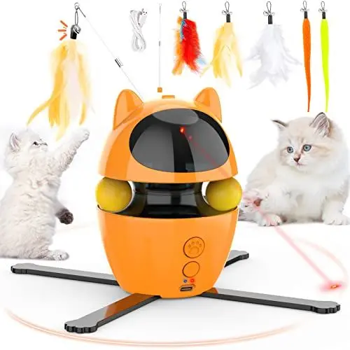 Produktbild: Dreamon 3 in 1 Katzenspielzeug Elektrisch - Interaktives Katzenspielzeug Selbstbeschäftigung Katzen Spielzeug Intelligenz mit 5 Ersatz Federspielzeug & USB Aufladbar (Orange)