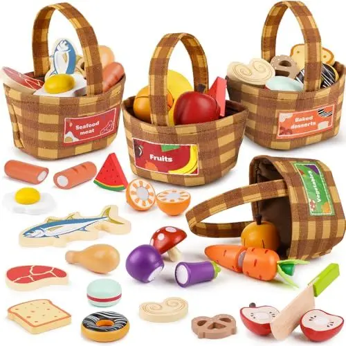 Produktbild: Kinderküche Spielküche Zubehör Holz, Lebensmittel Holz Gemüse zum Schneiden Kaufladen Zubehör mit 4 Stoffkörben Geschenk für Jungen und Mädchen 2 3 4 Jahren