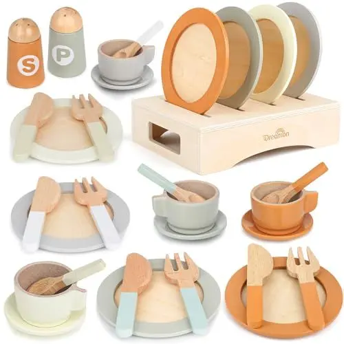 Produktbild: Dreamon Kinderküche Zubehör Teeservice Kinder Holz, 27 PCS Puppengeschirr Kinderküche Spielküche Zubehör Kinder, Grün Grau
