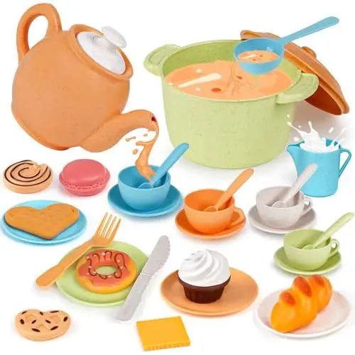 Produktbild: Dreamon Teeservice Kinder Set, Puppengeschirr Spielküche Kinderküche Zubehör Tee Set Hergestellt aus Weizenstrohmaterial Geschenk für 3 4 5 Jahre Mädchen Junge