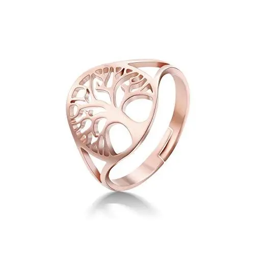Produktbild: Dreamtimes Baum des Lebens Hohler Ring Hochglanzpolierter Edelstahl Hohler Ring Öffnung Einstellbar Einfaches Rundes Design Modeschmuck Ehering Wikinger Glücksring für Damen und Herren (Roségold)