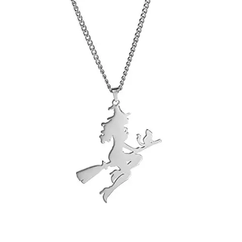 Produktbild: Dreamtimes Magic Little Witch Besen Katze Anhänger Halskette Charms Weihnachtscharme Geschenke Halloween Charms Edelstahl Mond & Magic Witch Halskette (Silber-)