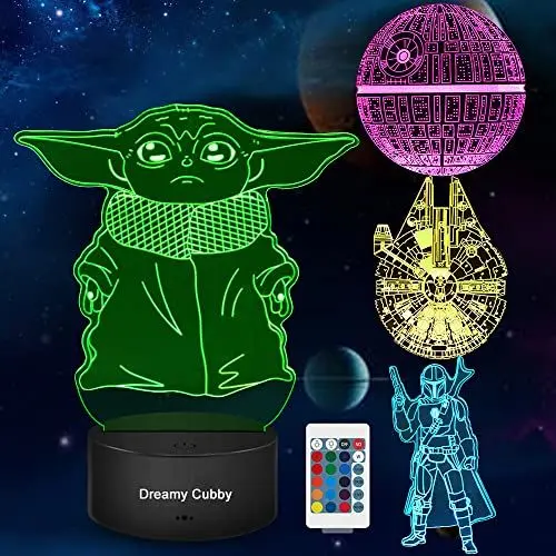 Produktbild: Dreamy Cubby Star Wars Geschenke 3D Lampe Spielzeug Nachtlicht mit 4 Mustern und 7 Farbwechsel Dekor Lampe - Perfekte Geschenke für Star Wars Fans Herren Jungen.