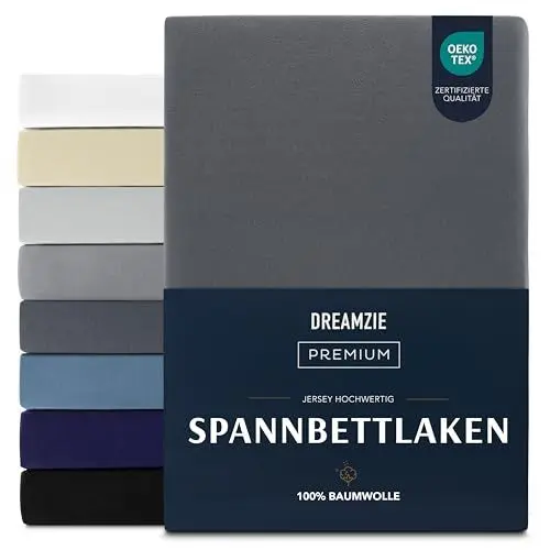 Produktbild: Dreamzie Premium Spannbettlaken 160x200 cm, Spannbetttuch für Dicke Matratzen bis zu 27 cm, Bettlaken 100% Jersey Baumwolle, 150 g/m², Oeko-TEX Zertifiziert - Dunkelgrau