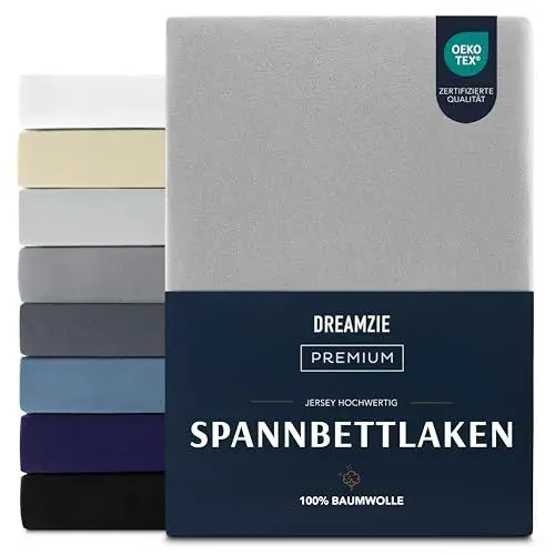 Produktbild: Dreamzie Premium Spannbettlaken 180x200 cm, Spannbetttuch für Dicke Matratzen bis zu 27 cm, Bettlaken 100% Jersey Baumwolle, 150 g/m², Oeko-TEX Zertifiziert - Grau